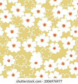 Ilustración vectorial floral de verano amarillo y blanco en estilo retro de los años 60. flores dibujadas a mano abstractas patrón sin fisuras para tela, papel envolvente.