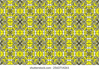 Yellow and white symmetrical geometric motif with artistic patterns in a classic style. This design features intricate details with floral elements and regular circular shapes, perfect for background.