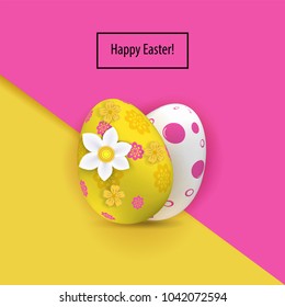 Yellow white two Easter eggs on the pink yellow paper background. Bright Easter card