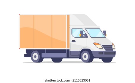 Yellow and white van commercial delivery truck isometric vector illustration. Cargo freight lorry goods shipping service isolated. Business vehicle with container for comfortable express transporting