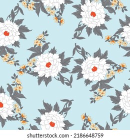 yellow and white vector stock flowers with grey leaves bunches pattern on blue background