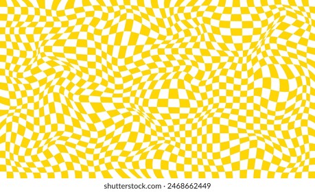 Fondo gráfico geométrico retorcido amarillo y blanco. Superficie de ajedrez con efecto de distorsión. Patrón ondulado a cuadros. Diseño Abstractas para el Anuncio. Patrón cuadrado de ajedrez irregular. Ilustración vectorial