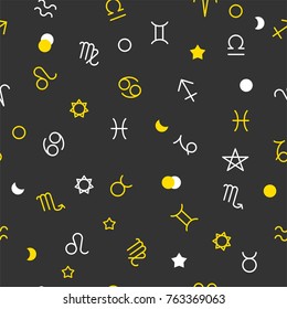 Yellow and white zodiac signs  and geometric shapes on black background. Stylish abstract seamless pattern in trendy style Vector illustration