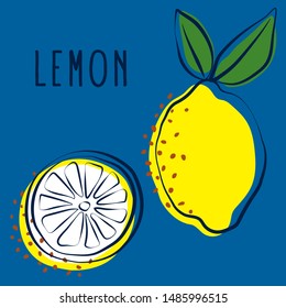 Yellow whole and half lemon. Vector illustration, cartoon fruits. Logo for lemonade. Yellow citrus. Vitamin C