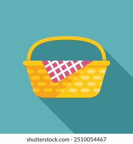 Yellow wicker picnic basket containing food and drinks, perfect for a summer picnic in nature