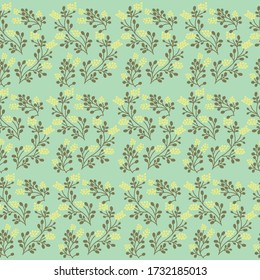 Yellow wildflower seamless pattern on light green background. 