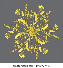 Flores silvestres amarillas en un círculo sobre un fondo gris. Cartel, postal. Ilustración vectorial.