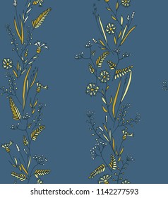 Yellow wildflowers and floral elements on blue background. Seamless vertical pattern with summer flowers