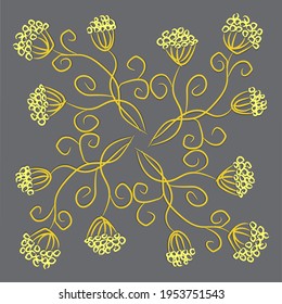 Yellow wildflowers in a square on a gray background. Poster, postcard. Vector illustration