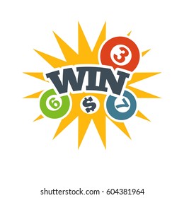 Yellow win badge in lottery with bingo numbers logo on white background. Xanthous explosion with three gaming balls, dollar sign and text of capital letters. Vector illustration graphic concept.