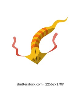 Yellow wind kite with ribbons vector illustration. Cartoon kite festival toy of fish or squid shape with ornament isolated on white background. Kids toys concept