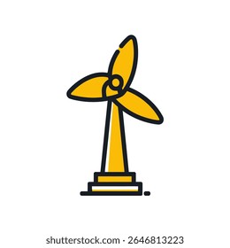 Yellow windmill generates power outline on white background illustration