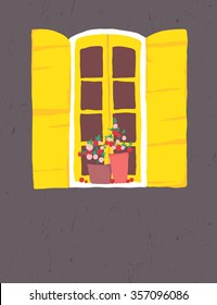 Yellow window decorated with tomato tree