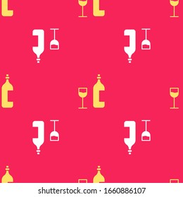 Yellow Wine bottle with wine glass icon isolated seamless pattern on red background. Happy Easter.  Vector Illustration
