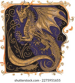 Yellow winged dragon vector, medieval illuninated manuscript style