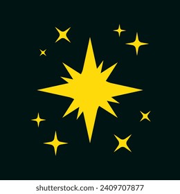 Estrellas de guiño amarillo, conjunto de estrellas de guiño dorado, Estrella con 6 esquinas, estrellas de fondo superior sobre fondo oscuro, ilustración vectorial