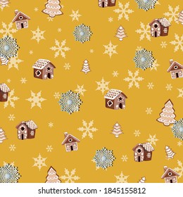 Yellow winter pattern puttern background with gingerbread houses