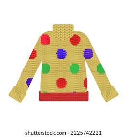 Yellow winter sweater with a collar and a pattern of circles of different colors