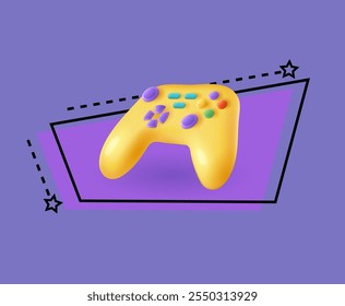 Gelbe Wireless-Gamecontroller 3D-Illustration. Joystick mit bunten Tasten für Konsole oder Computer 3D-Vektor auf violettem Hintergrund. Unterhaltung, Freizeit, Gaming, Technologiekonzept