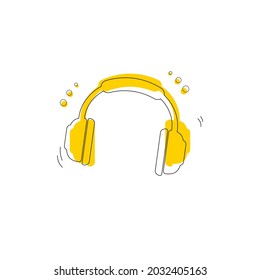 Yellow wireless headphones with black contour line. Bubbles around. Vector illustration.