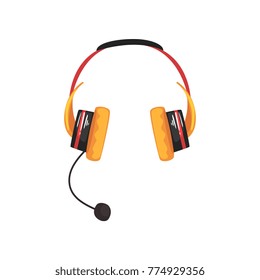Yellow wireless headset, headphones with microphone cartoon vector Illustration