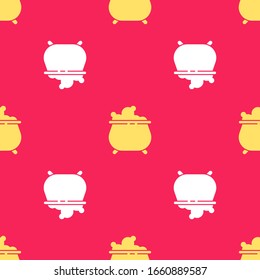 Yellow Witch cauldron icon isolated seamless pattern on red background. Happy Halloween party.  Vector Illustration