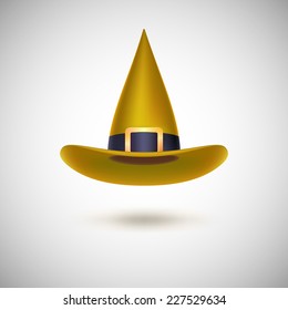 Yellow witch hat with black strip for Halloween, isolated on white background.