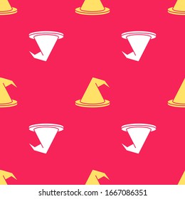 Yellow Witch hat icon isolated seamless pattern on red background. Happy Halloween party.  Vector Illustration