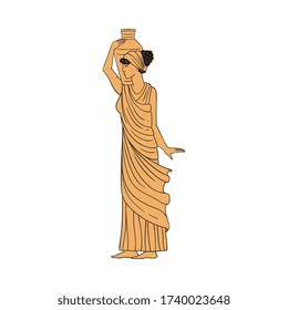 Yellow woman from Ancient Greece holding up vase on her shoulder - antique drawing style cartoon vector illustration of Greek lady in tunic with jug.