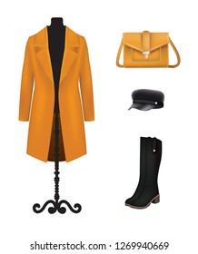 Yellow women set. coat, hat, bag and boots. vector illustration