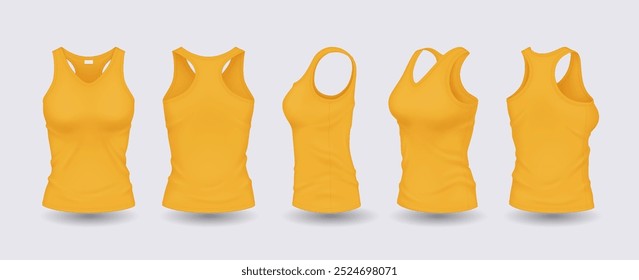 Mulheres amarelas tanque tops com modelo de design conjunto de ilustração vetor realista. Roupas esportivas com espaço para modelos 3d logo no fundo branco