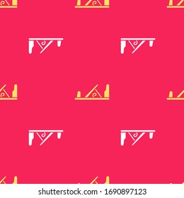 Yellow Wood plane tool for woodworker hand crafted icon isolated seamless pattern on red background. Jointer plane.  Vector Illustration