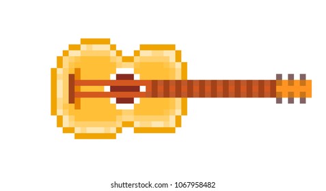 Yellow wood six string acoustic guitar, pixel art icon isolated on white background. Music store logo. Folk festival sign. Old school 8 bit slot machine pictogram. Retro 80s; 90s video game graphics.