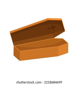 Yellow wooden coffin with open lid. Halloween burial box for burial of dead in cemetery according to religious custom and creepy bedroom for vector vampires