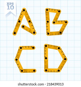 Yellow wooden folding ruler letters A B C D on a blue graph paper. Vector flat modern decorative concept typeset.