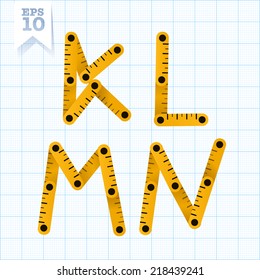 Yellow wooden folding ruler letters K L M N on a blue graph paper. Vector flat modern decorative concept typeset.