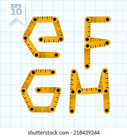 Yellow wooden folding ruler letters E F G H on a blue graph paper. Vector flat modern decorative concept typeset.