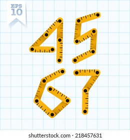 Yellow wooden folding ruler numbers 4 5 6 7 on a blue graph paper. Vector flat modern decorative concept typeset.