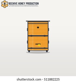 Yellow wooden modern frame beehive with honey. Flat thick line and black outline flat style illustration. For honey production company.