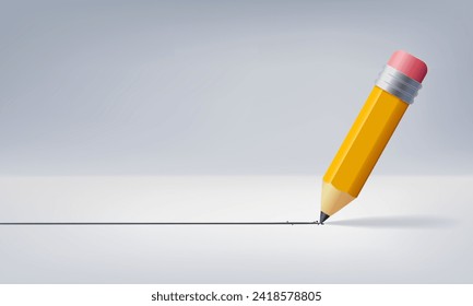 Yellow wooden pencil draws a long straight line on a white gray background, Art, Creative design, business or education concept, Vector illustration