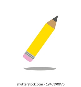 Yellow wooden pencil with pink eraser and shadow, isolated on white background