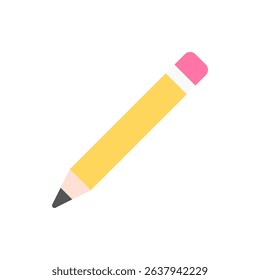 A yellow wooden pencil with a pink eraser, illustrated flat and simple. Great for writing, drawing, or school-related content.