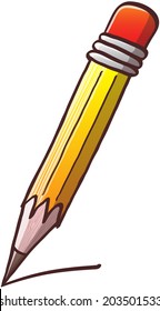 Yellow wooden pencil with red eraser on top while standing vertically and leaning slightly down to draw a dark line