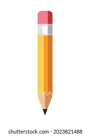 Yellow wooden pencil with rubber eraser. Sharpened detailed office mockup, school instrument, creativity, idea, education and design symbol. Isolated illustration on white background. Pencil icon .