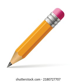 Yellow wooden pencil with rubber eraser. Cartoon pencil.