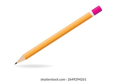 Um lápis de madeira amarelo com uma ponta de grafite afiada e uma borracha rosa na extremidade oposta flutua contra um fundo branco