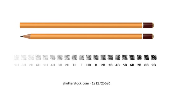 Yellow wooden pencil with strokes showing the gradations of the existing stiffness of the stylus. Vector illustration EPS 10
