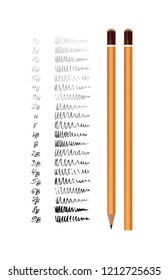 Yellow wooden pencil with strokes showing the gradations of the existing stiffness of the stylus. Vector illustration EPS 10