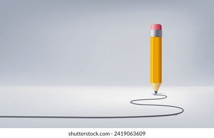 Yellow wooden pencil tracing line stroke on a white gray background, Back to school, Art, Creative design, business or education concept, Vector illustration