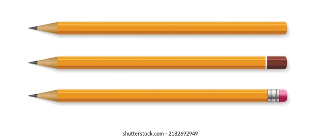 Yellow wooden pencils with rubber eraser. Realistic pencil mockup.